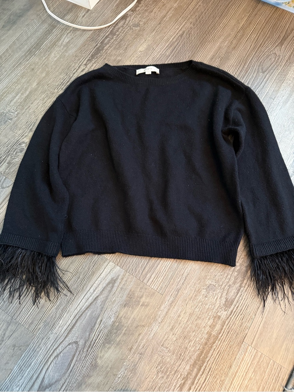 LOFT Black Crewneck Sweater with Feather Cuffs